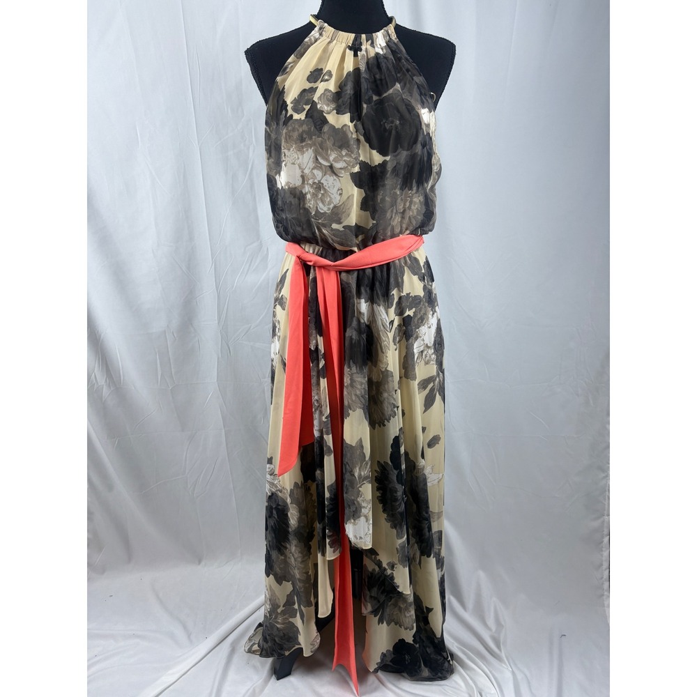 Elegant Floral‎ Halter Maxi Dress Coral Sash Gold Chain Neckline Summer Evening